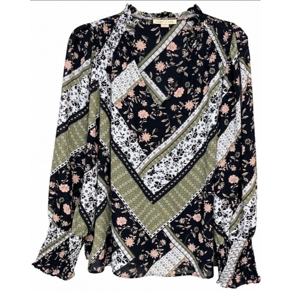Cooper & Ella Women's Blouse L Fall Floral Patchwork Boho Smocked Puff Sleeve